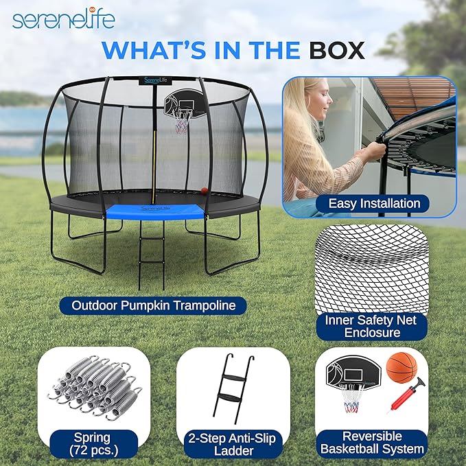 SereneLife 8FT 10FT 12FT 14FT Outdoor Trampoline for Kids - Recreational Backyard Trampoline with Curved Safety Poles and Net Enclosure- ASTM Approval for Kids Adults