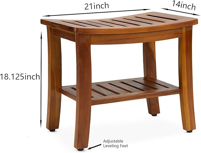 Teak Shower Bench 21 Inch, Fully Assembled Wood Bath Stool for Shower & Spa, The Hermod