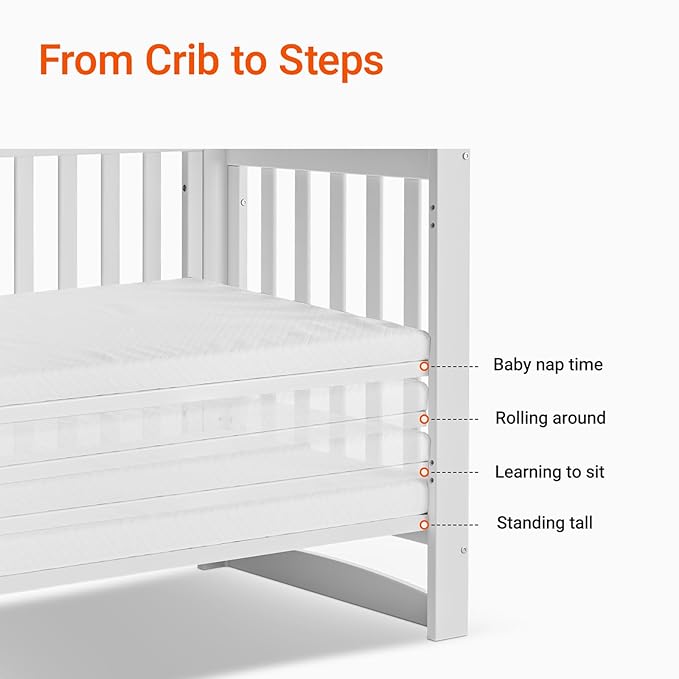 EvoNest Baby Crib, 6 in 1 Convertible Mini Crib with Wheels, 100% New Zealand Solid Wood Growing Bed, 4 Adjustable Mattress Height，White