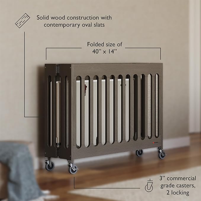 Foundations Boutique Folding Hotel Crib and Sheet Bundle - Includes Wooden Mini Crib with 3" Foam Mattress (Gray) and 6-Pack White Fitted Compact Sheets