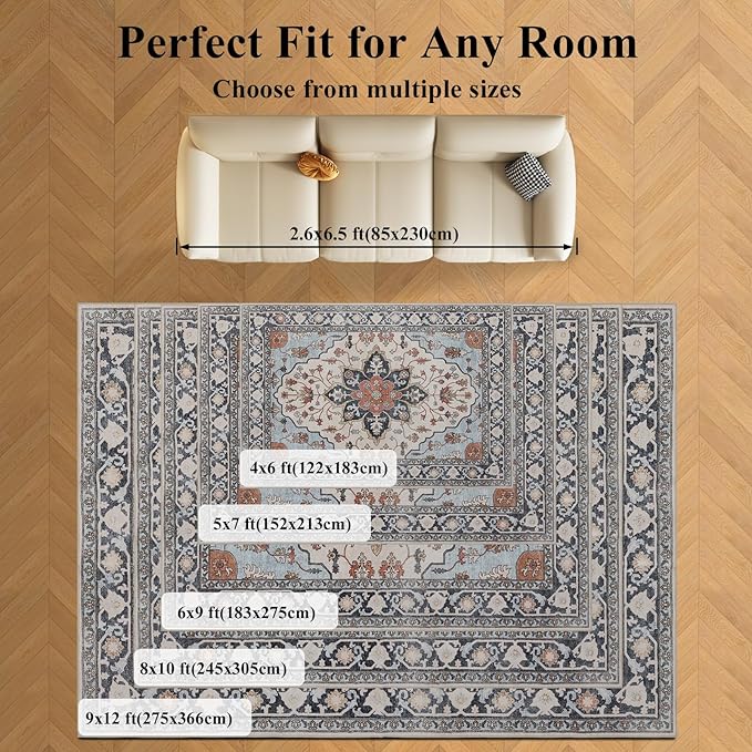 Washable Area Rugs 8x10, Large Rugs for Living Room, Carpet for Bedroom, Soft Faux Wool Retro Dining Room Rug, Non-Slip Backing Resistant Low Pile Vintage Print Rug for Home Office (Blue/Gray)