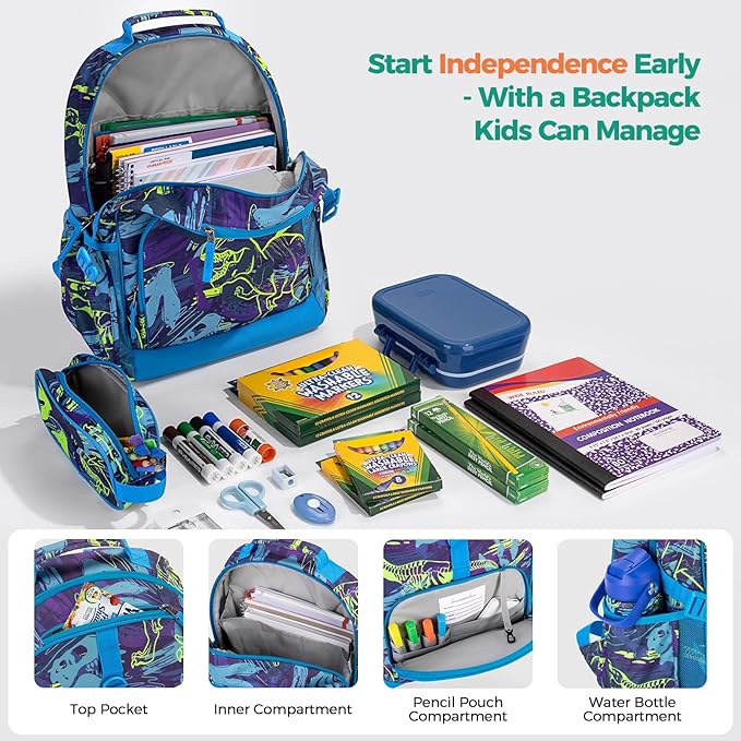 Choco Mocha Dinosaur Backpack for Boys, Elementary School Backpack for Boys Ages 6-8 Kids Kindergarten Backpack Bookbag 17 Inch with Chest Strap, Blue