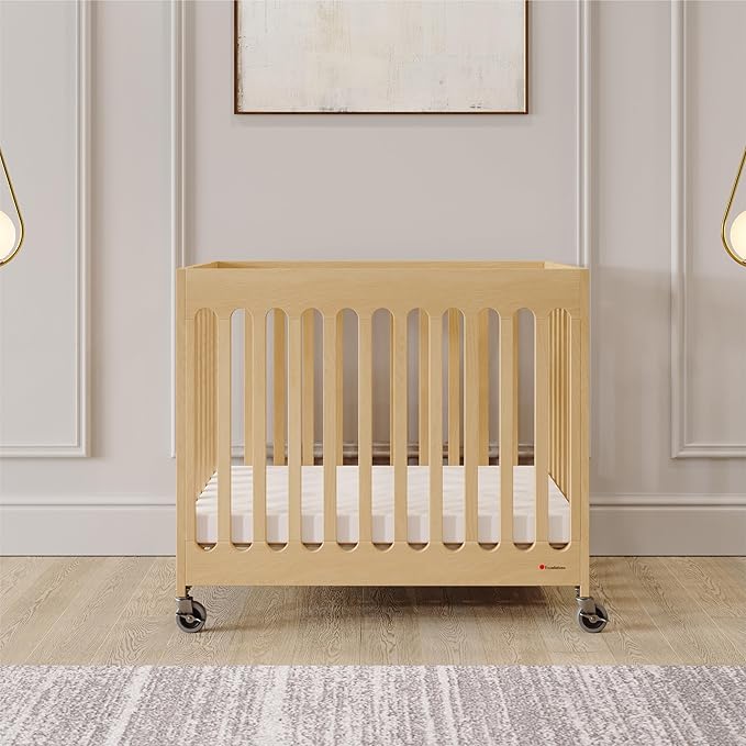 Foundations Boutique Folding Hotel Crib and Sheet Bundle - Includes Wooden Mini Crib with 3" Foam Mattress (Natural) and 6-Pack White Fitted Compact Sheets