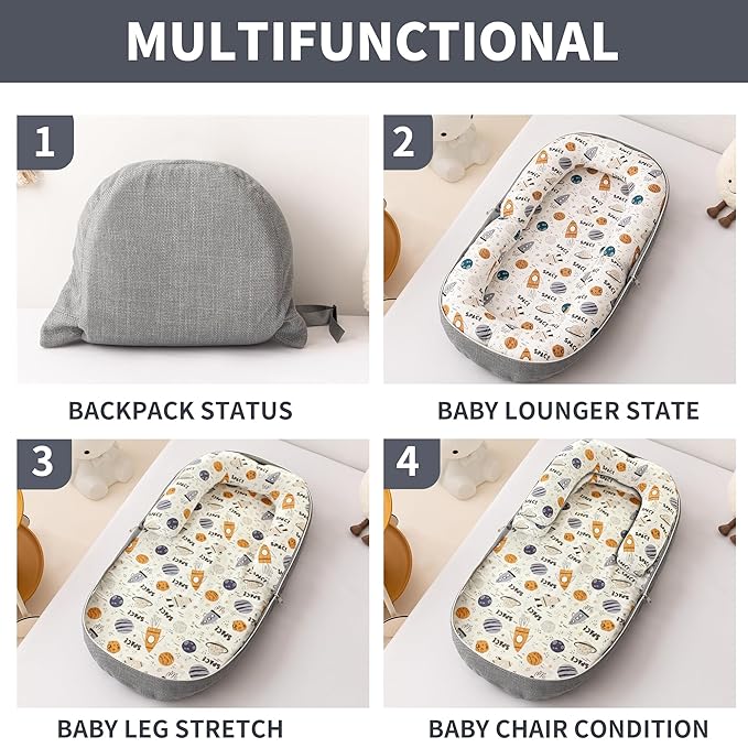 Baby Lounger, Foldable Infant Nest with Soft Memory Foam Mat, Cover with Adorable Pattern, Converts to Backpack for Easy Travel, 0-12 Months, Rocket