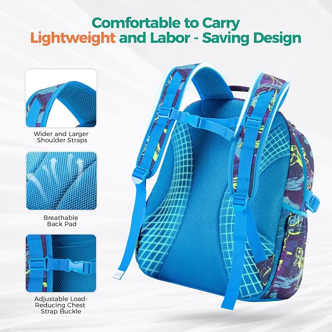 Choco Mocha Dinosaur Backpack for Boys, Elementary School Backpack for Boys Ages 6-8 Kids Kindergarten Backpack Bookbag 17 Inch with Chest Strap, Blue