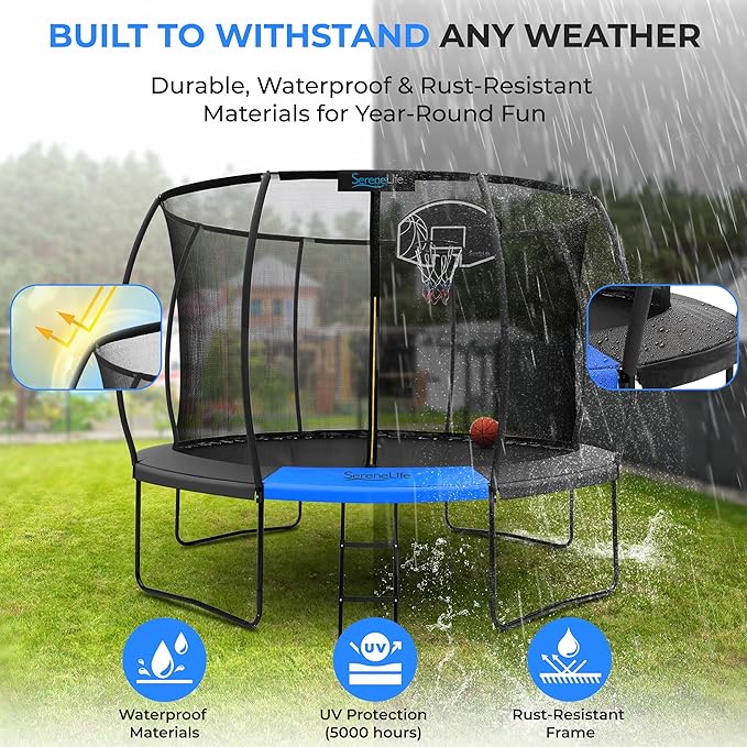 SereneLife 8FT 10FT 12FT 14FT Outdoor Trampoline for Kids - Recreational Backyard Trampoline with Curved Safety Poles and Net Enclosure- ASTM Approval for Kids Adults